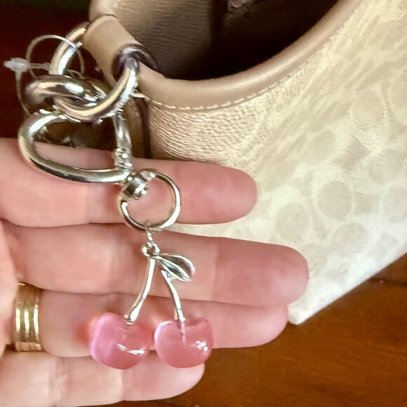 NEW Silver Pink Cherries and Heart Keychain Bag Charm - Picture 5 of 5